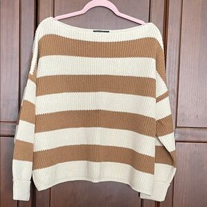 French Connection Striped Cream and Brown Women's Sweater Size Small